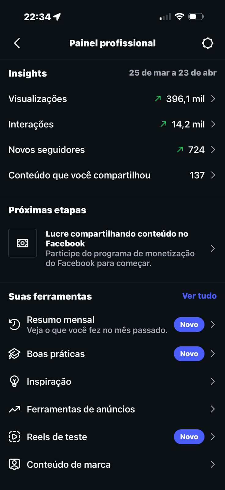 Painel profissional do Instagram com 396 mil visualizações, 14,2 mil interações e 724 novos seguidores em 30 dias